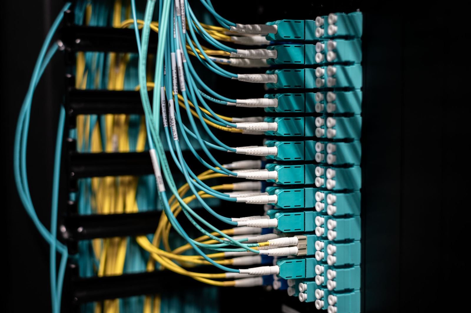 Fibre patch cables connected to a network panel in a dark server rack